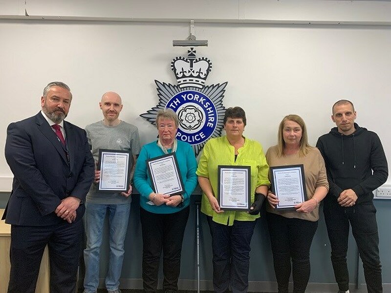 COMMENDATION: From left to right: Detective Inspector Matt Bolger, Jonathan Maw, Elaine Priestley, Gillian Austin, Michelle Dyson and Karoly Micska.