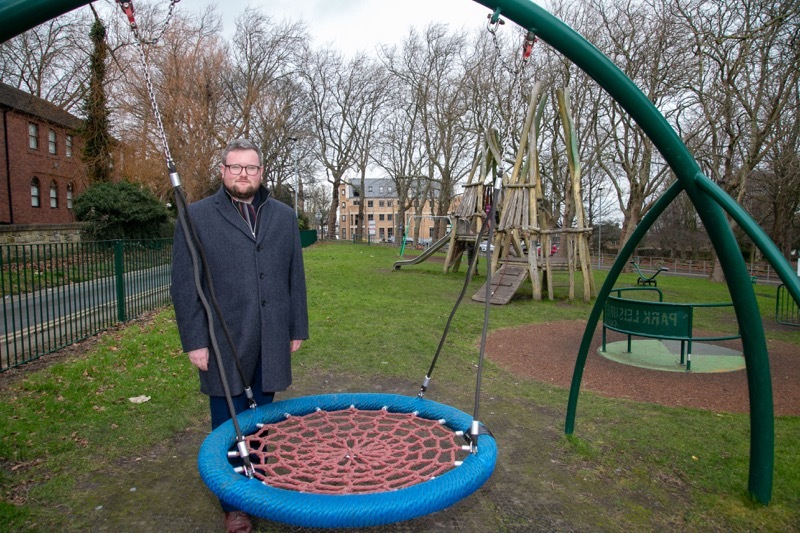 PARK LIFE: Coun James Higginbottom at the Churchfield park play area which is in good condition. Picture Shaun Colborn PD093867