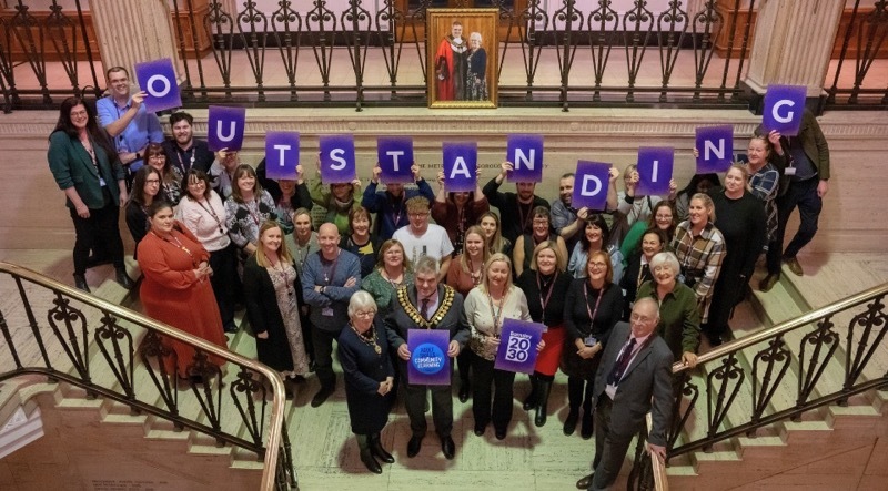 Mayor and Mayoress of Barnsley John and Doreen Clarke join staff in celebrating the Ofsted rating.