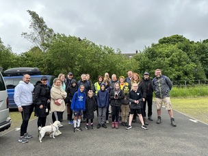 Pupils and parents preparing for the sponsored walk.