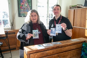 BARNSLEY POSTCARDS: Jane Ainsworth along with paul stebbing and the postcards from the first world war. Picture Shaun Colborn PD093660