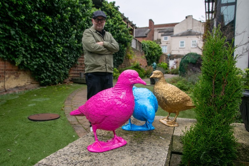 PIDGEON FANCIER: Sculpture Patrick Murphy with his world famous plastic pidgeon’s. Picture Shaun Colborn PD093634