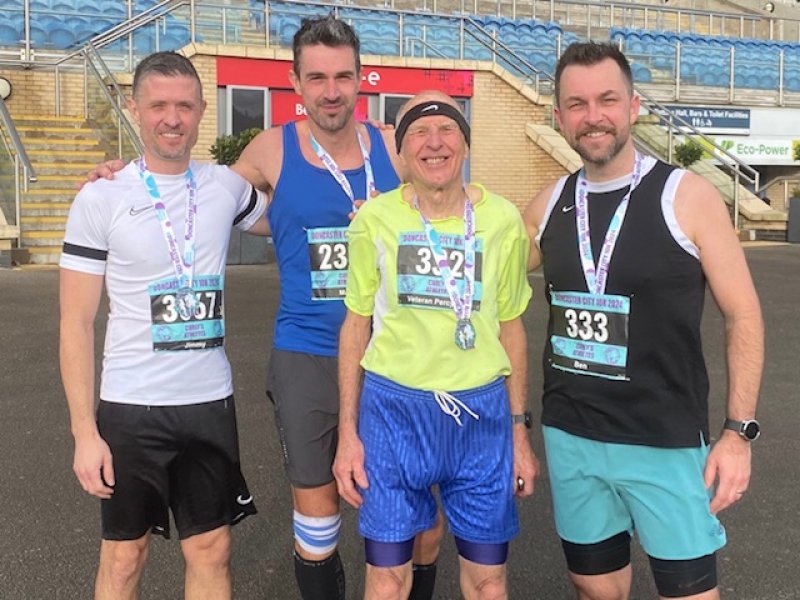 Oldest runner: Bert Beaumont with James Watford, Martin Perry and Ben Beaumont.