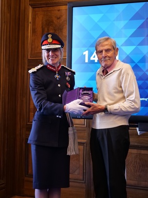 Chris Sayer with Dame Hillary Chapman when Barnsley Main Heritage Group earned the Queen’s Award for Volunteers.