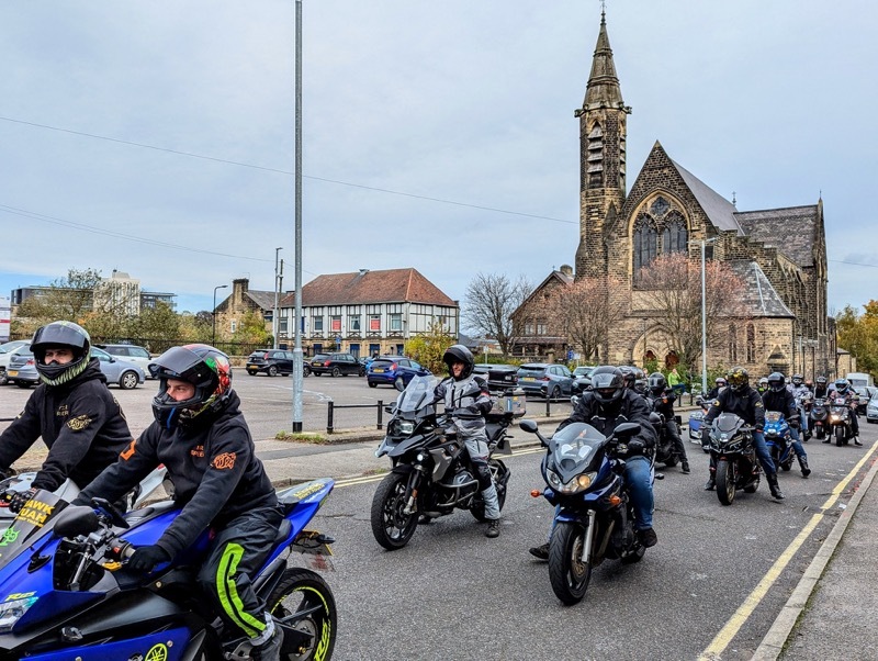 Bikers gathered on Castlereagh Street for the funeral of Alan Sutton.