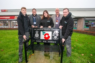 REFURBISHED: Coun Dave Leach and Coun Neil Wright with members of Dewies Motor Body team who have refurbished the memorial bench on Laithes Lane. Picture Shaun Colborn  PD093580