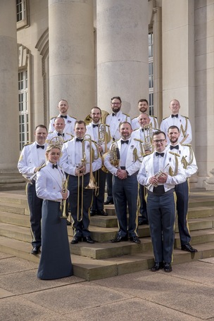 The Brass Ensemble of the Band of the RAF College in their overseas uniform.