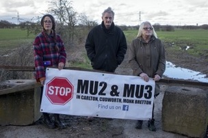 Housing Protesters: Rachael Stewart, Elaine Micklethwaite and Neil Fisher at the greenbelt site on Shaw lane Carlton. Picture Shaun Colborn PD090855