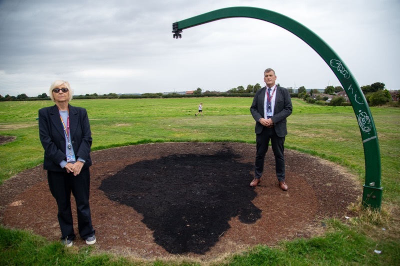 PARKLIFE: Coun Pauline Markham and Coun Kevin Osborne at yet another scene of vandalism in one of Darfield’s parks. Picture Shaun Colborn PD093466