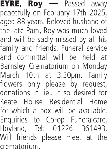 Notice for Roy Eyre