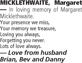 Notice for Margaret Micklethwaite