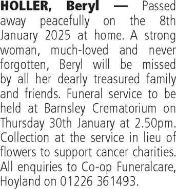 Notice for Beryl Holler