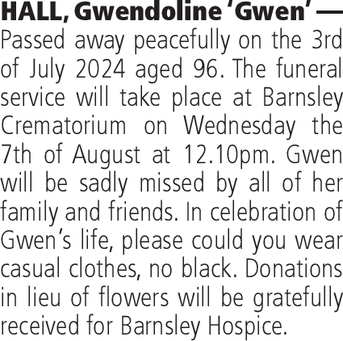 Notice for Gwendoline Hall