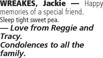 Notice for Jackie Wreakes