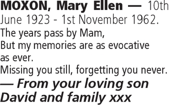 Notice for Mary Ellen Moxon