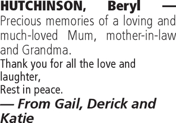 Notice for Beryl Hutchinson